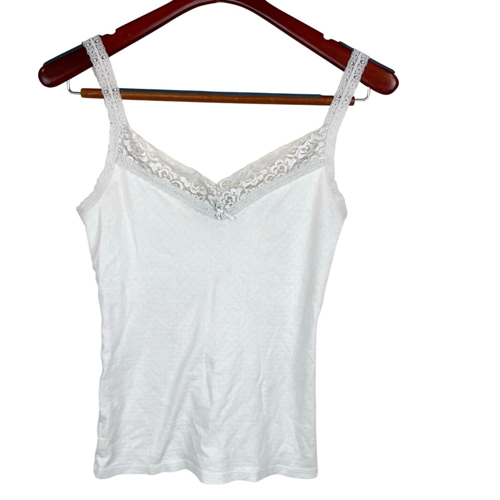 Vtg Y2K 90s Express Cami Sz M Fairy Lace Trim Preppy Layering Tank White Clean